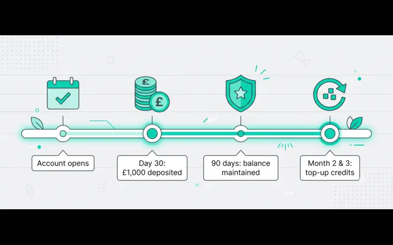 Timeline showing how to qualify for the Co-operative Bank £100 charity account bonus