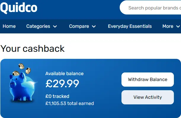 screenshot of my quidco earnings