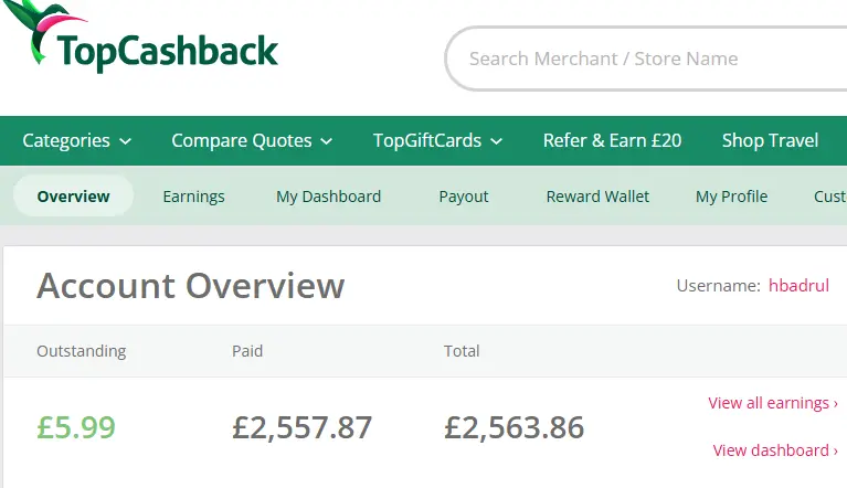 my topcashback earnings